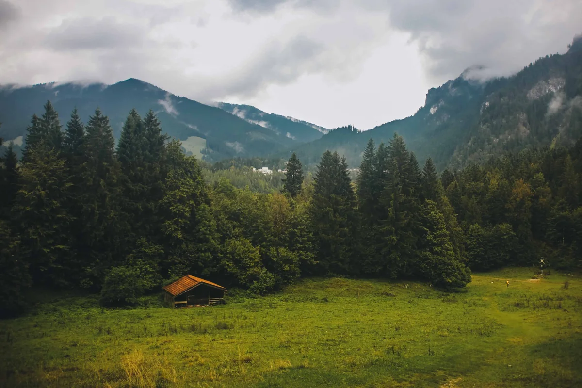 A small hut in a green Bavarian mountain meadow